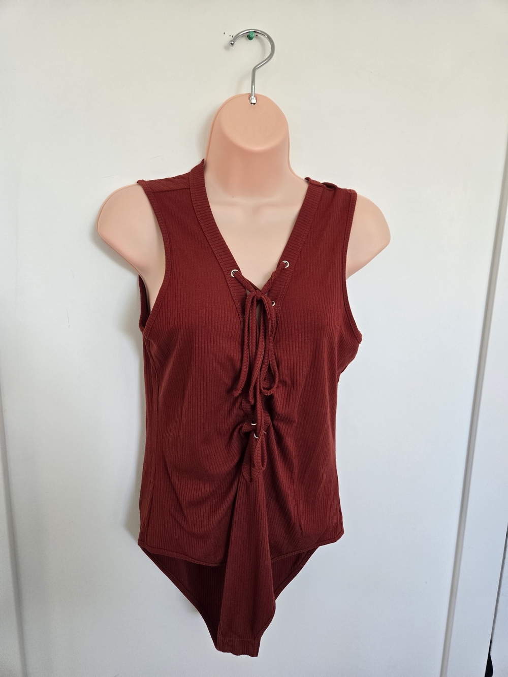 Women’s Lace-Up Ribbed Bodysuit Tank - Rust